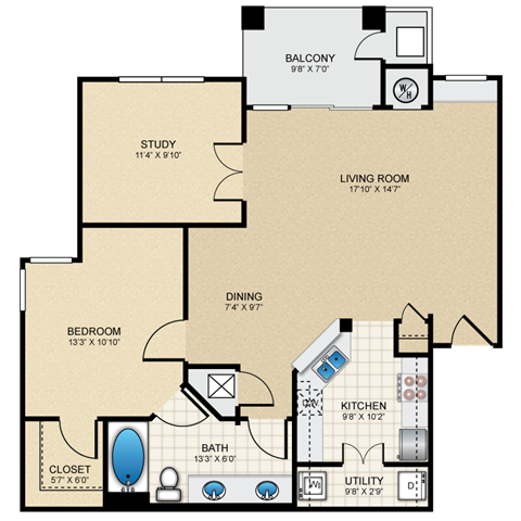 Floor plan for 1 bed, 1 bath, 940 sqft