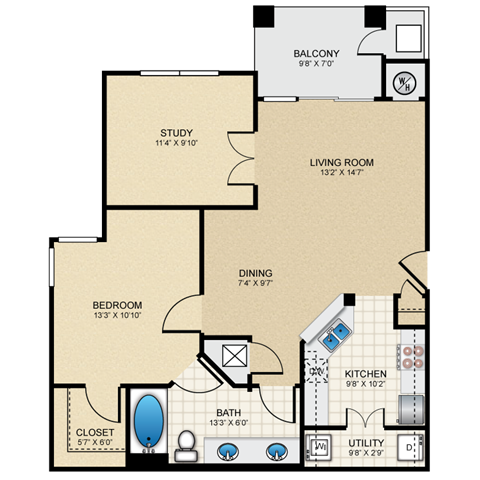 Floor plan for 1 bed, 1 bath, 848 sqft