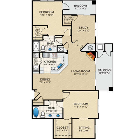 Floor plan for 2 beds, 2 baths, 1525 sqft