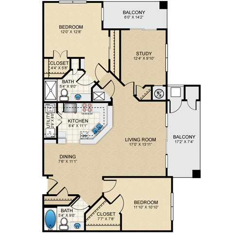 Floor plan for 2 beds, 2 baths, 1369 sqft