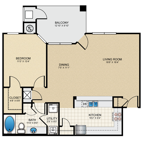 Floor plan for 1 bed, 1 bath, 903 sqft