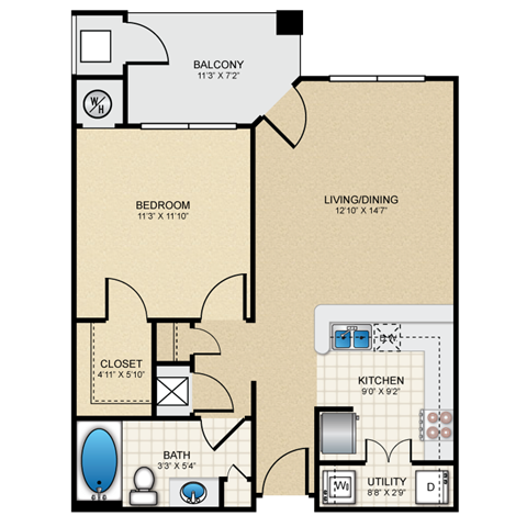 Floor plan for 1 bed, 1 bath, 659 sqft