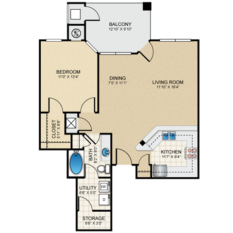 Floor plan for 1 bed, 1 bath, 844 sqft