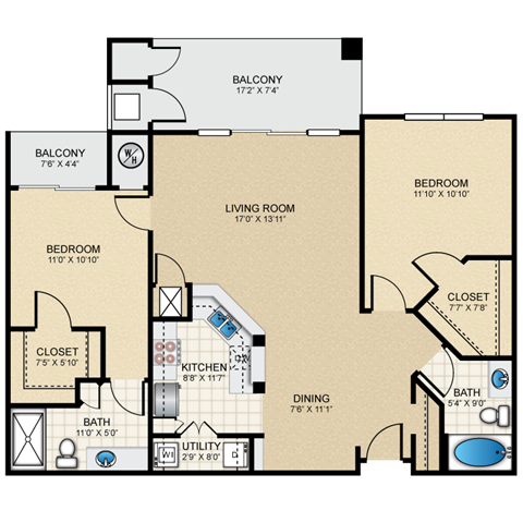 Floor plan for 2 beds, 2 baths, 1117 sqft