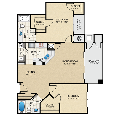 Floor plan for 2 beds, 2 baths, 1194 sqft