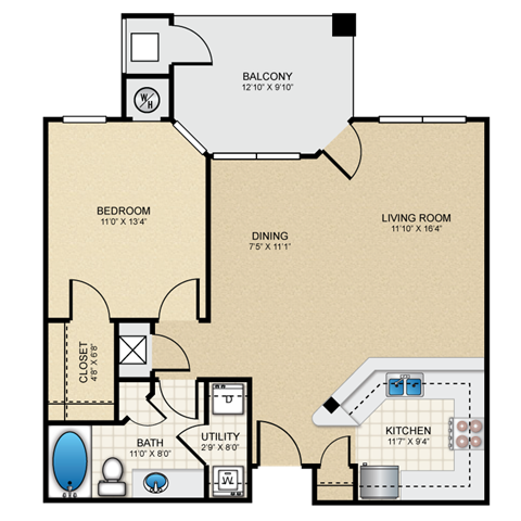Floor plan for 1 bed, 1 bath, 800 sqft