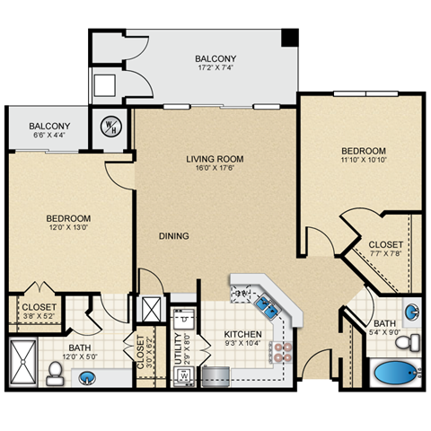 Floor plan for 2 beds, 2 baths, 1117 sqft