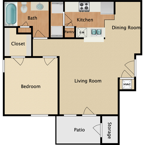 Floor plan for 1 bed, 1 bath, 658 sqft
