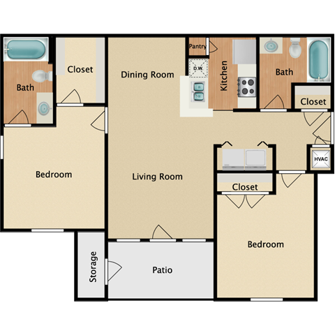 Floor plan for 2 beds, 2 baths, 924 sqft
