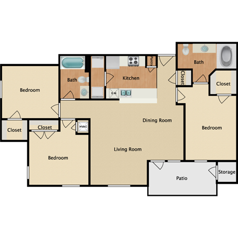 Floor plan for 3 beds, 2 baths, 1161 sqft