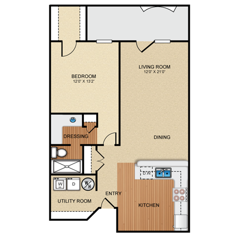 Floor plan for 1 bed, 1 bath, 823 sqft