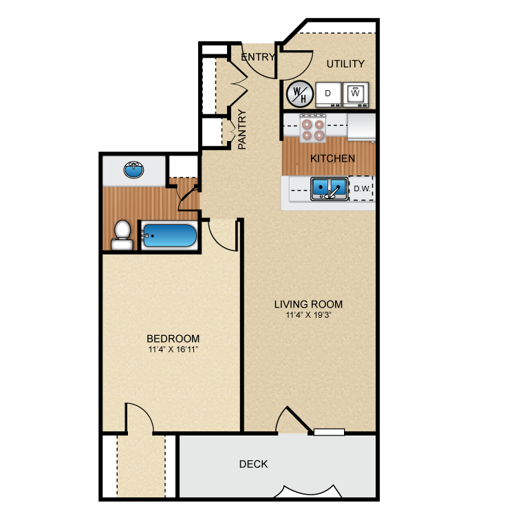 Floor plan for 1 bed, 1 bath, 782 sqft