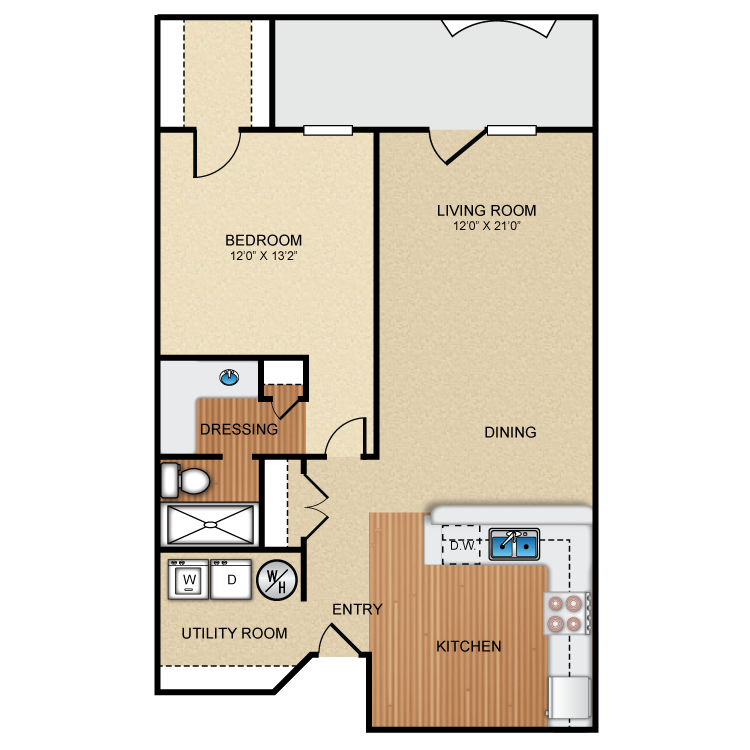 Floor plan for 1 bed, 1 bath, 872 sqft
