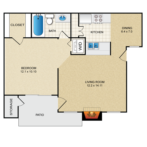 Floor plan for 1 bed, 1 bath, 579 sqft