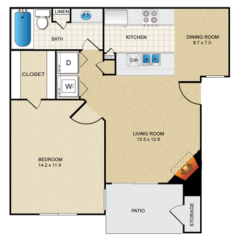 Floor plan for 1 bed, 1 bath, 674 sqft