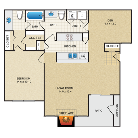 Floor plan for 1 bed, 1.5 baths, 973 sqft