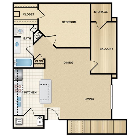 Floor plan for 1 bed, 1 bath, 717 sqft
