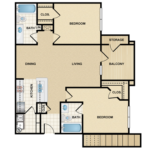 Floor plan for 2 beds, 2 baths, 904 sqft