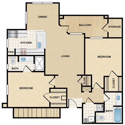 Floor plan for 2 beds, 2 baths, 1032 sqft