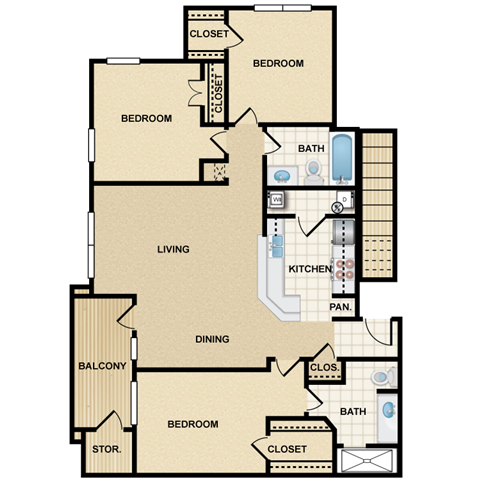 Floor plan for 3 beds, 2 baths, 1201 sqft