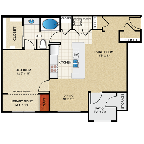 Floor plan for 1 bed, 1 bath, 802 sqft