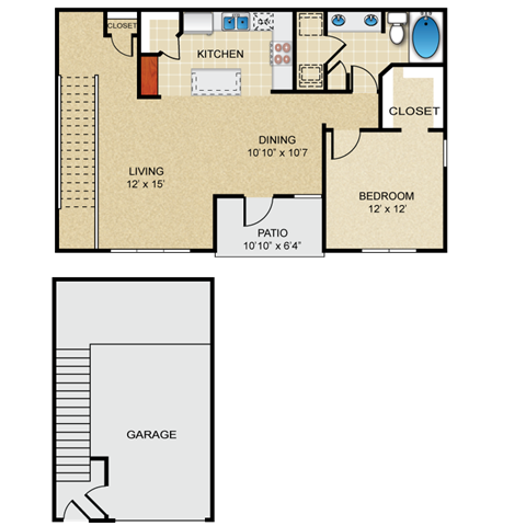 Floor plan for 1 bed, 1 bath, 876 sqft