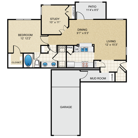 Floor plan for 1 bed, 1 bath, 998 sqft