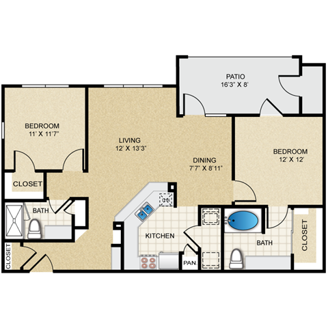Floor plan for 2 beds, 2 baths, 1010 sqft