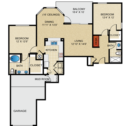 Floor plan for 2 beds, 2 baths, 1228 sqft