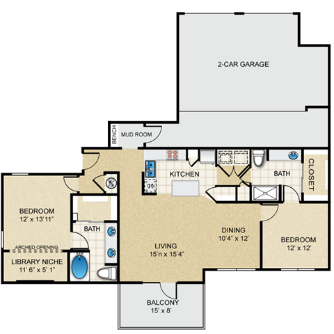 Floor plan for 2 beds, 2 baths, 1348 sqft