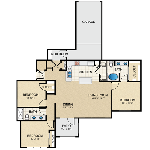 Floor plan for 3 beds, 2 baths, 1393 sqft