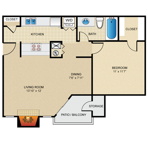 Floor plan for 1 bed, 1 bath, 618 sqft