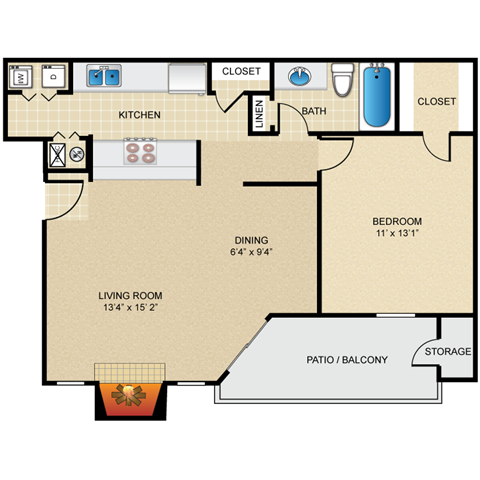 Floor plan for 1 bed, 1 bath, 689 sqft