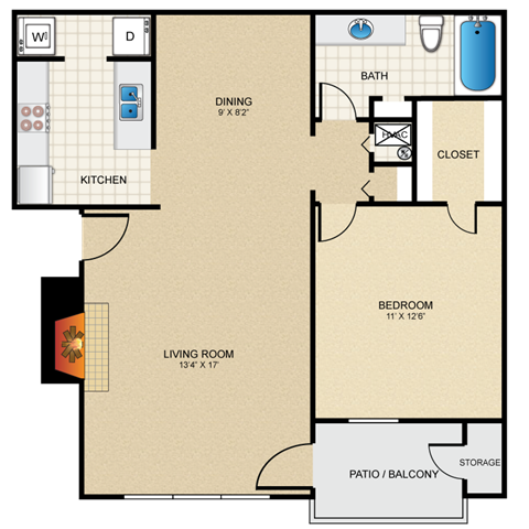 Floor plan for 1 bed, 1 bath, 750 sqft