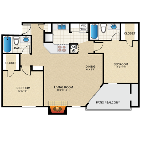 Floor plan for 2 beds, 2 baths, 920 sqft