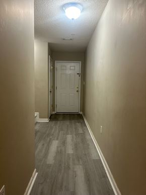 Crestview house for rent - A hallway with a white door and grey wood flooring.