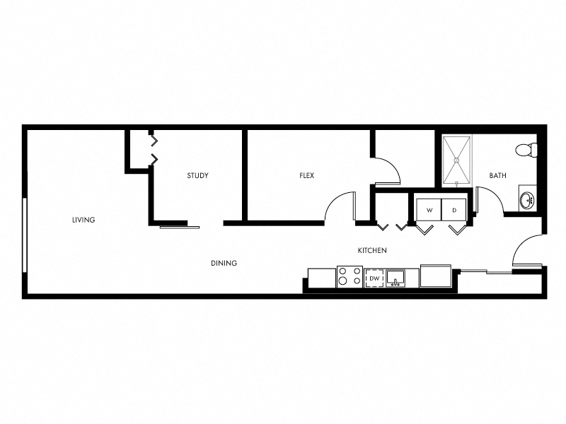 Floor plan for 2 beds, 1 bath, 897 sqft