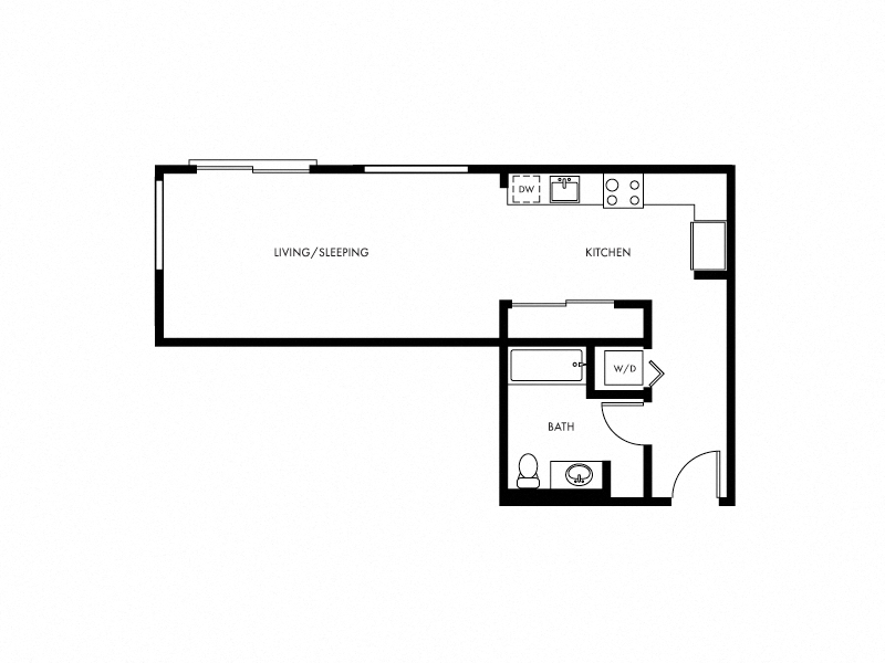 Floor plan for studio, 1 bath, 626 sqft