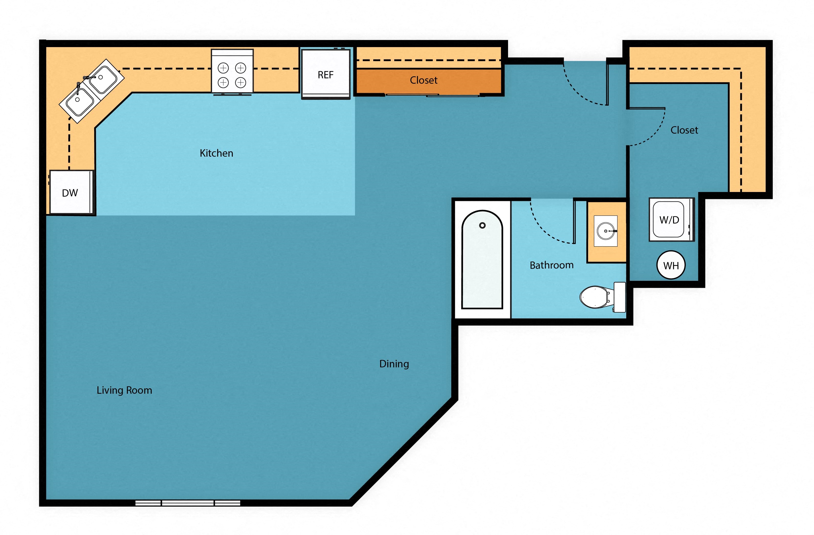 Floor plan for studio, 1 bath, 485 sqft