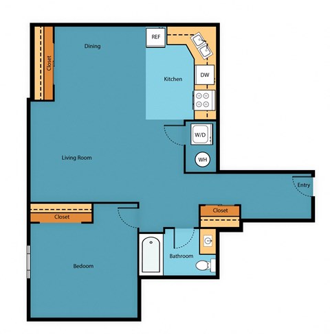 Floor plan for 1 bed, 1 bath, 670 sqft