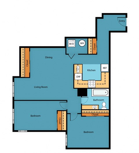 Floor plan for 2 beds, 1 bath, 925 sqft