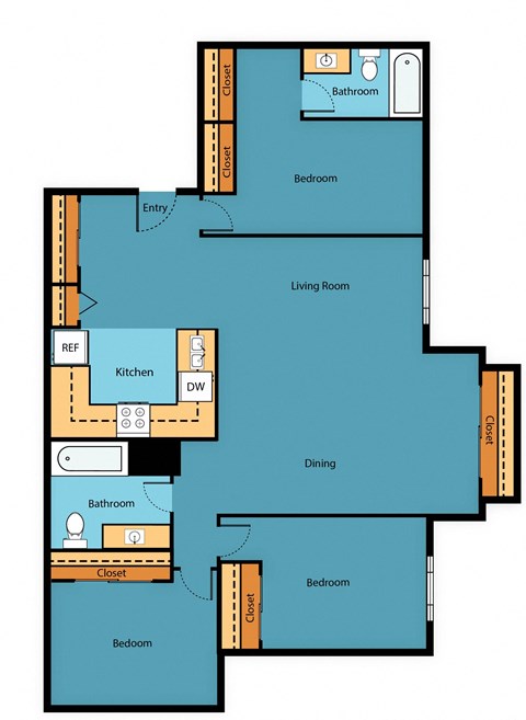 Floor plan for 3 beds, 2 baths, 1220 sqft