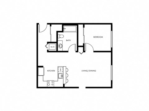 Floor plan for 1 bed, 1 bath, 614 sqft