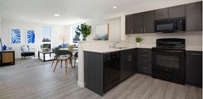Shoreline apartment for rent - Kitchen Unit with dark cabinetry, efficient appliances, and plank flooring at Arabella Apartment Homes, Shoreline
