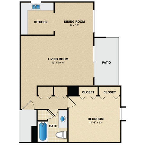 Floor plan for 1 bed, 1 bath, 818 sqft