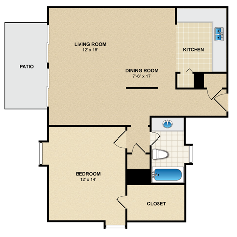 Floor plan for 1 bed, 1 bath, 828 sqft
