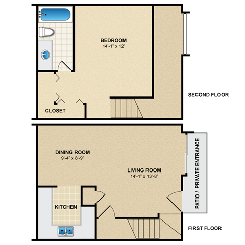 Floor plan for 1 bed, 1 bath, 765 sqft