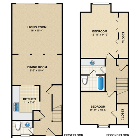 Floor plan for 2 beds, 1.5 baths, 1100 sqft