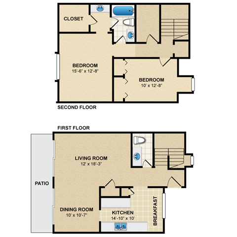 Floor plan for 2 beds, 1.5 baths, 1200 sqft