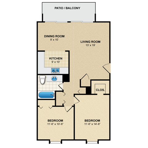 Floor plan for 2 beds, 1 bath, 960 sqft